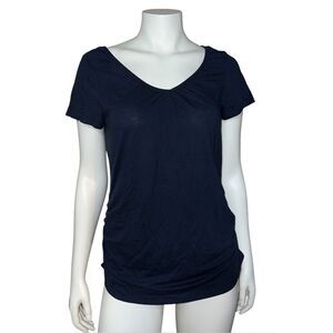 Motherhood Maternity Navy Blue Nursing Shirt Short Sleeves Ruched Large NWT
